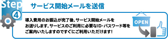 サービス開始メールを送信 導入費用のお振込が完了後、サービス開始メールをお送りします。サービスのご利用に必要なID・パスワード等をご案内いたしますのですぐにご利用いただけます！